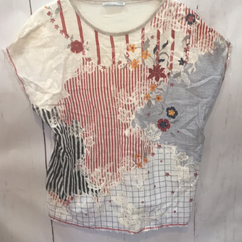 -SOLD -Zara Women’s S Floral Cotton Frayed Hemline Mixed Print Prairie Blouse